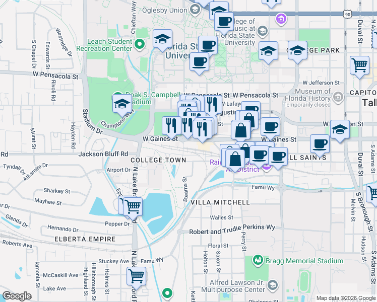 map of restaurants, bars, coffee shops, grocery stores, and more near 805 West Gaines Street in Tallahassee