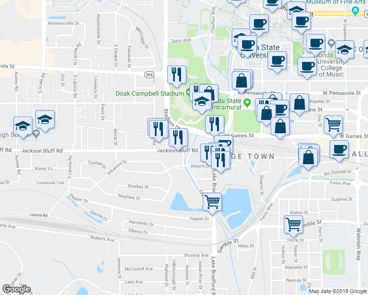 map of restaurants, bars, coffee shops, grocery stores, and more near in Tallahassee