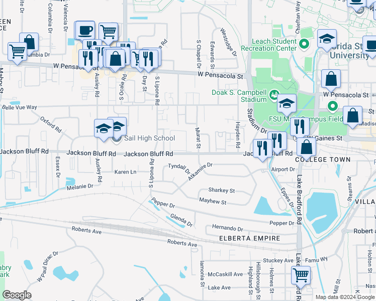 map of restaurants, bars, coffee shops, grocery stores, and more near 1832 Jackson Bluff Road in Tallahassee