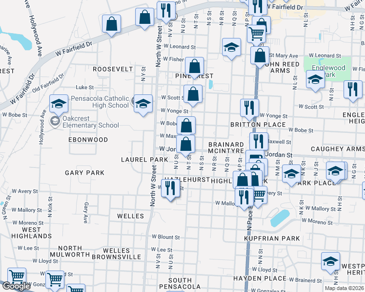 map of restaurants, bars, coffee shops, grocery stores, and more near in West Pensacola