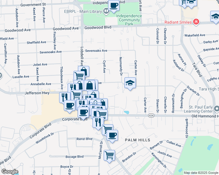 map of restaurants, bars, coffee shops, grocery stores, and more near 7808 Lasalle Avenue in Baton Rouge