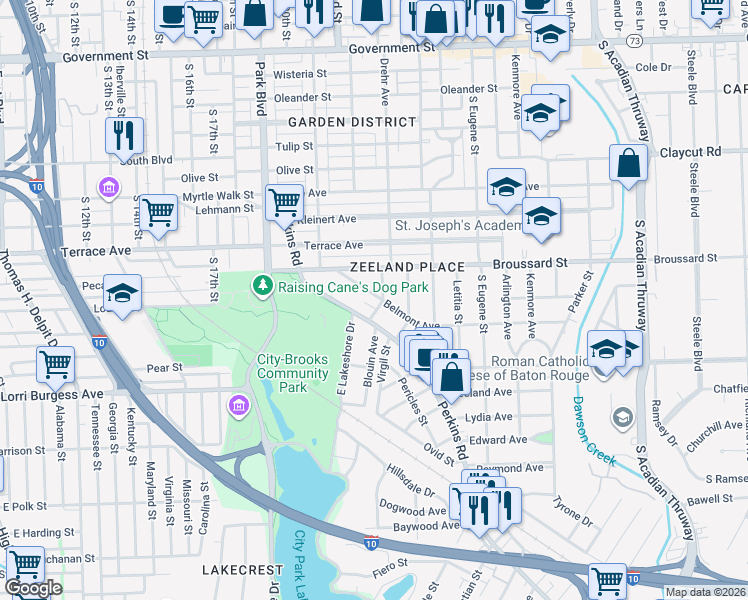 map of restaurants, bars, coffee shops, grocery stores, and more near 1673 Belmont Avenue in Baton Rouge