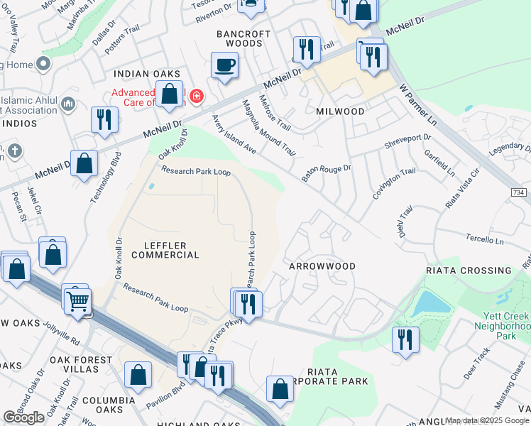 map of restaurants, bars, coffee shops, grocery stores, and more near Research Park Loop in Austin