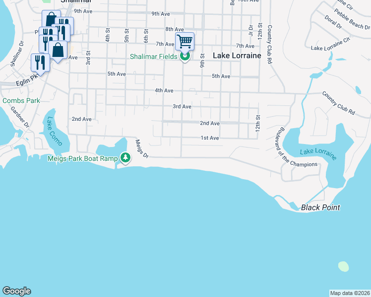 map of restaurants, bars, coffee shops, grocery stores, and more near 105 Boyce Road in Shalimar