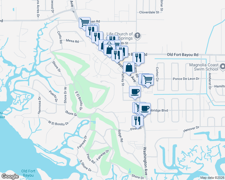 map of restaurants, bars, coffee shops, grocery stores, and more near 6421 Poco Road in Ocean Springs