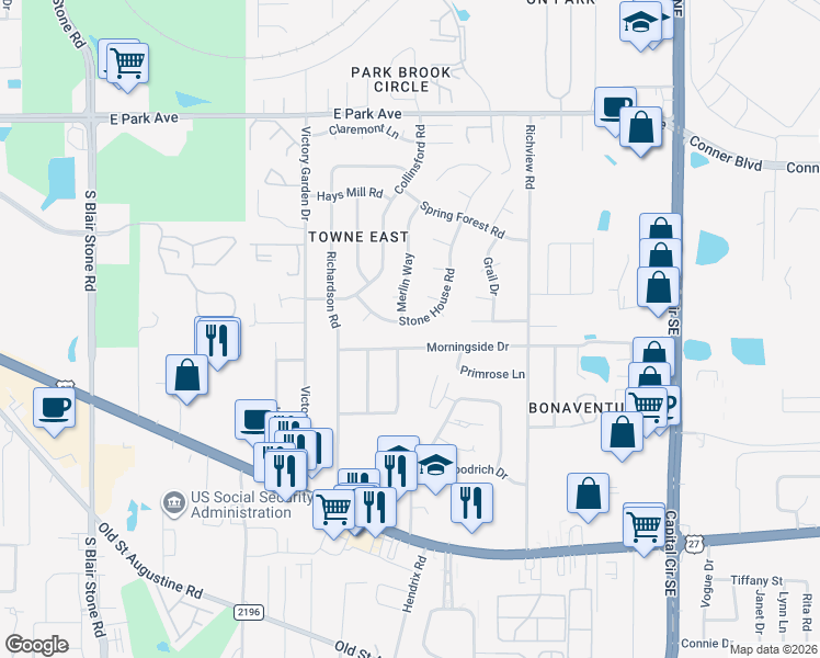 map of restaurants, bars, coffee shops, grocery stores, and more near 479 Merlin Way in Tallahassee