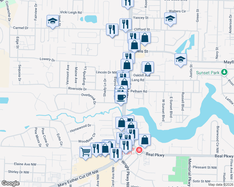 map of restaurants, bars, coffee shops, grocery stores, and more near 114 Bayou View Drive in Fort Walton Beach