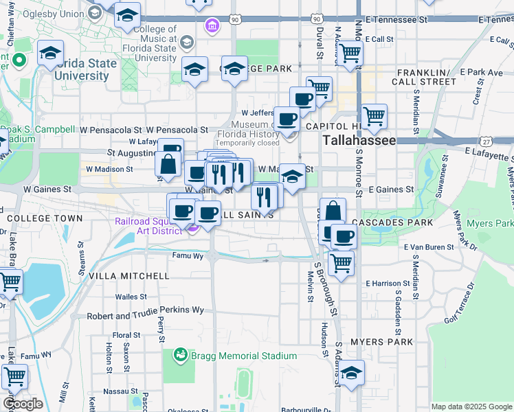 map of restaurants, bars, coffee shops, grocery stores, and more near 810 South Martin Luther King Junior Boulevard in Tallahassee
