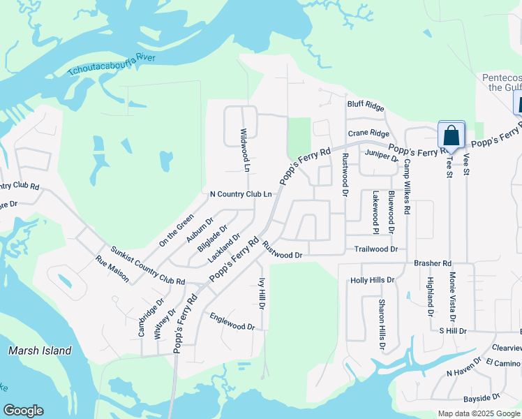 map of restaurants, bars, coffee shops, grocery stores, and more near 2219 North Country Club Lane in Biloxi