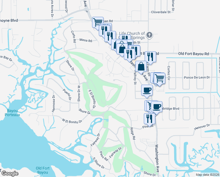 map of restaurants, bars, coffee shops, grocery stores, and more near 6313 Prado Road in Ocean Springs