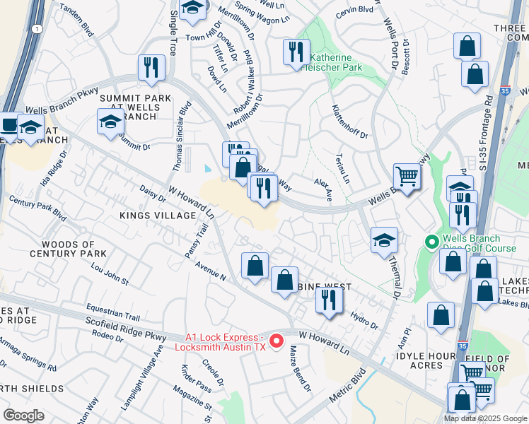 map of restaurants, bars, coffee shops, grocery stores, and more near 2013 Wells Branch Parkway in Austin