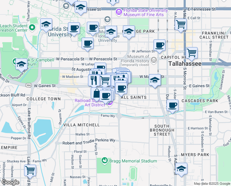 map of restaurants, bars, coffee shops, grocery stores, and more near 824 Railroad Avenue in Tallahassee