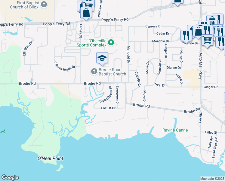map of restaurants, bars, coffee shops, grocery stores, and more near 4418 Biglin Bayou Drive in D'Iberville