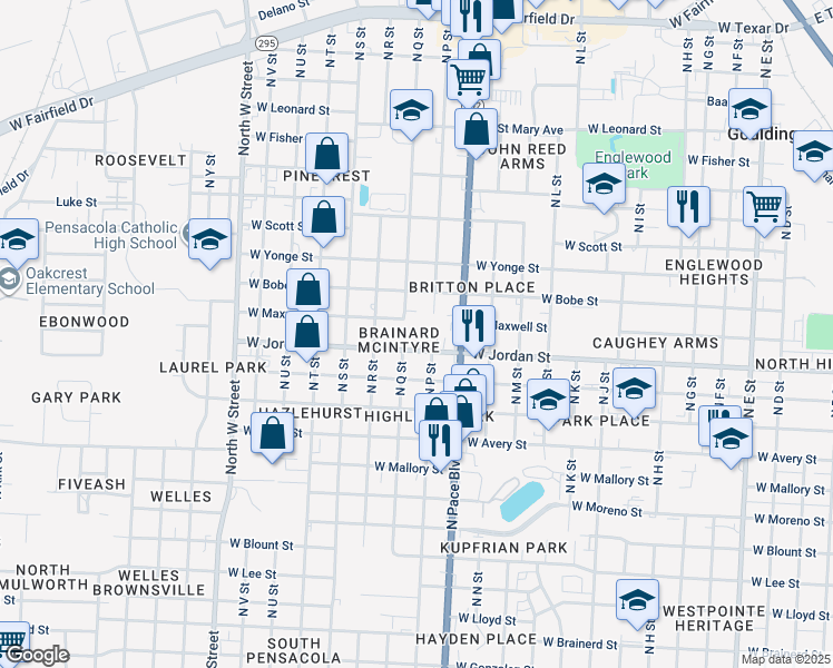 map of restaurants, bars, coffee shops, grocery stores, and more near 2202 West Jordan Street in Pensacola