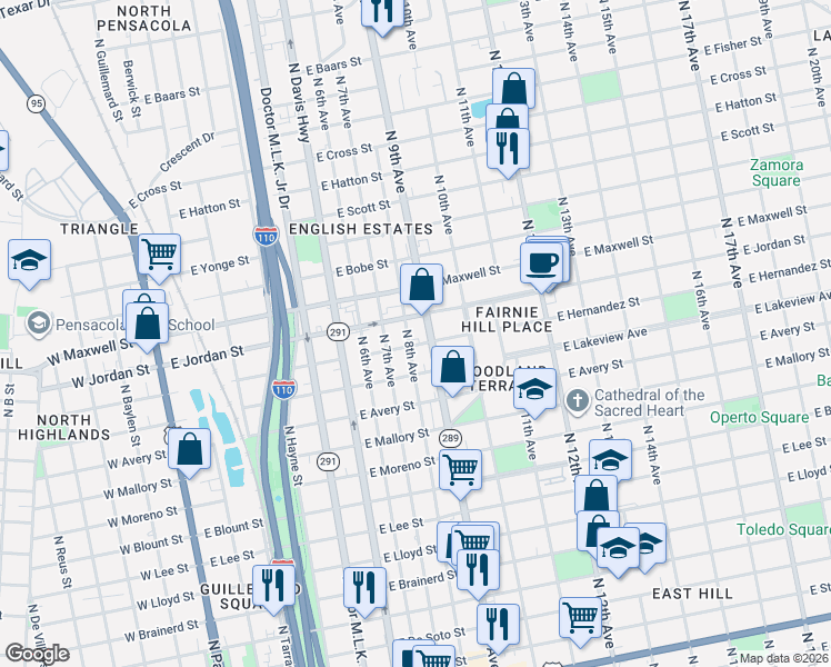 map of restaurants, bars, coffee shops, grocery stores, and more near 2015 North 9th Avenue in Pensacola