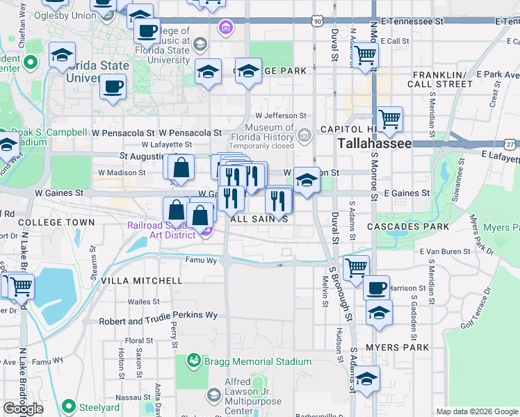 map of restaurants, bars, coffee shops, grocery stores, and more near 439 West Gaines Street in Tallahassee
