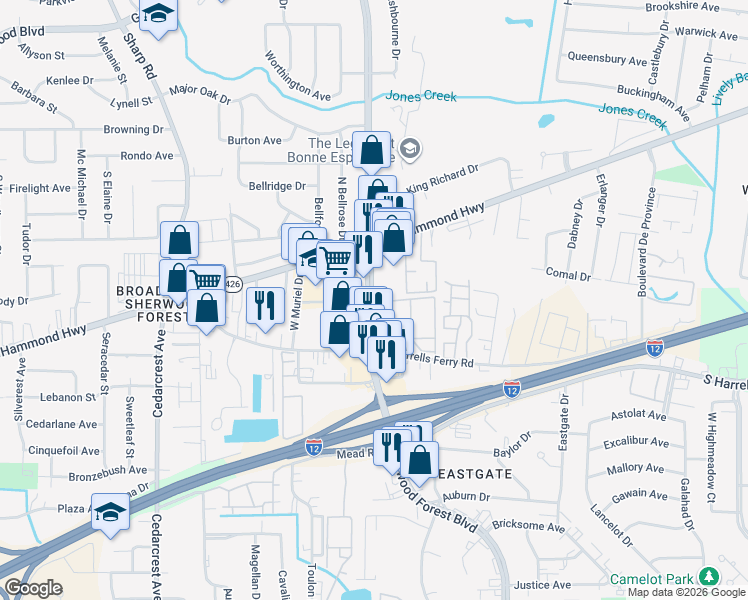 map of restaurants, bars, coffee shops, grocery stores, and more near 2001 South Sherwood Forest Boulevard in Baton Rouge