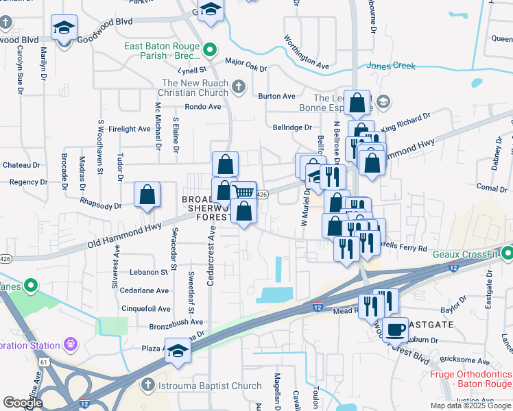 map of restaurants, bars, coffee shops, grocery stores, and more near 10926 Old Hammond Highway in Baton Rouge