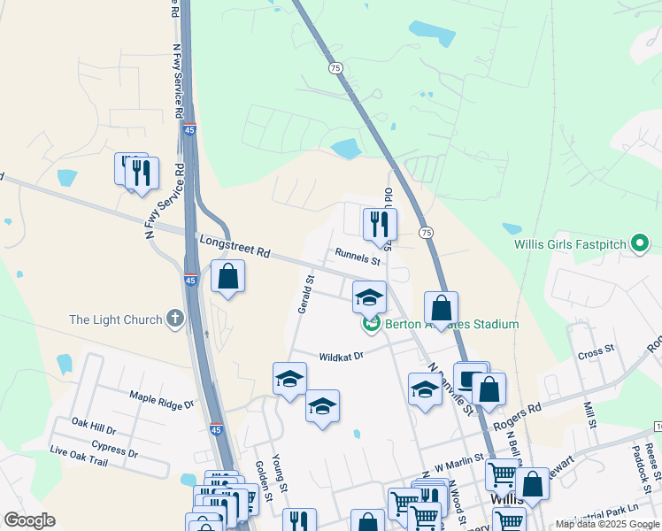 map of restaurants, bars, coffee shops, grocery stores, and more near 117 Runnels Street in Willis