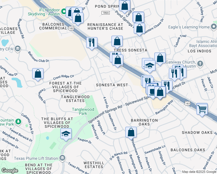 map of restaurants, bars, coffee shops, grocery stores, and more near 8335 Fathom Circle in Austin
