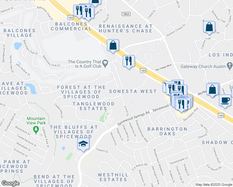 map of restaurants, bars, coffee shops, grocery stores, and more near 11706 Kings View Court in Austin