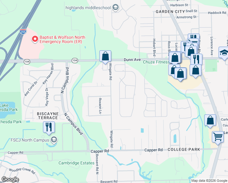 map of restaurants, bars, coffee shops, grocery stores, and more near 10997 Wingate Road in Jacksonville