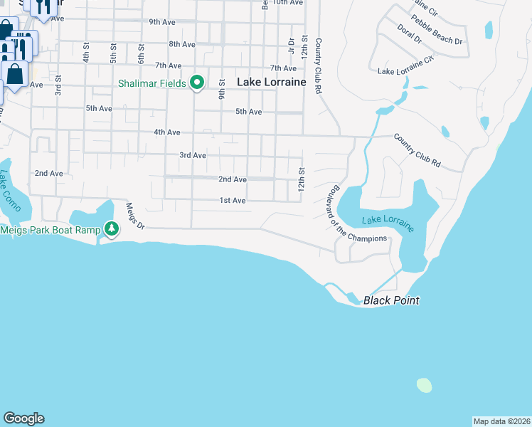 map of restaurants, bars, coffee shops, grocery stores, and more near 10 Dogwood Lane in Shalimar