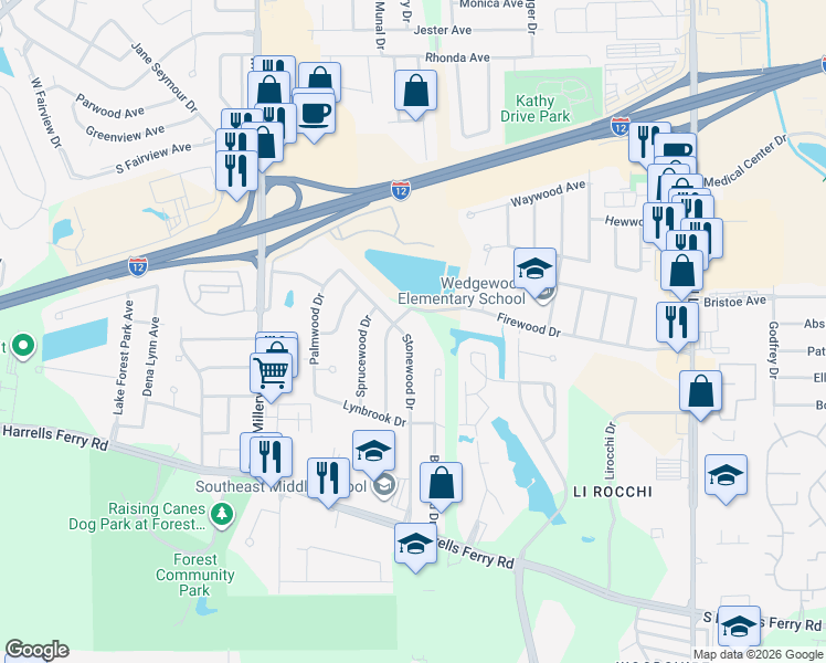 map of restaurants, bars, coffee shops, grocery stores, and more near 2115 Stonewood Drive in Baton Rouge