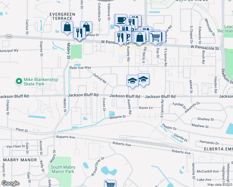 map of restaurants, bars, coffee shops, grocery stores, and more near 2126 Jackson Bluff Road in Tallahassee