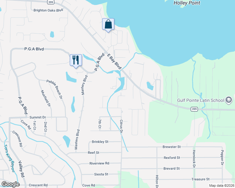 map of restaurants, bars, coffee shops, grocery stores, and more near 2745 Lakes Edge Lane in Navarre