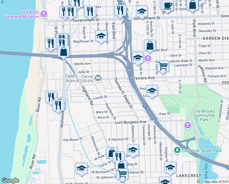 map of restaurants, bars, coffee shops, grocery stores, and more near 704 River Southway in Baton Rouge