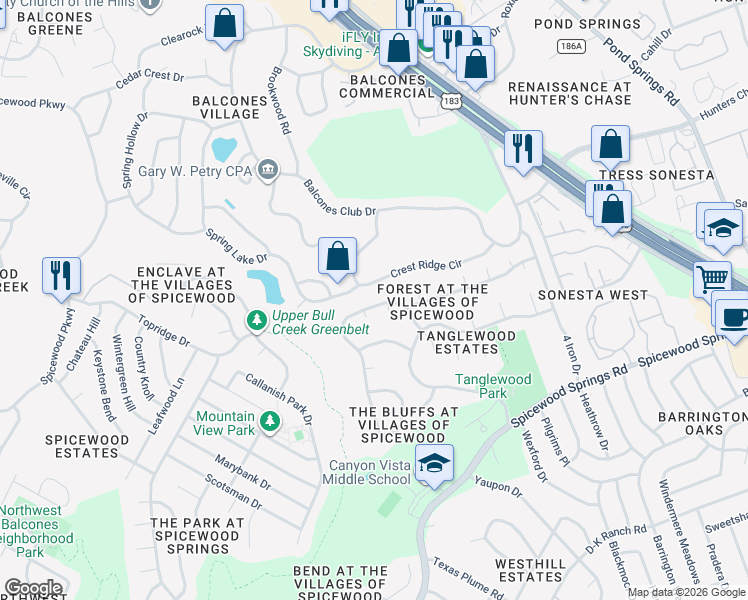 map of restaurants, bars, coffee shops, grocery stores, and more near 11536 Cedarcliffe Drive in Austin