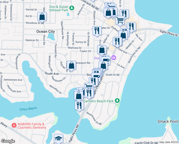 map of restaurants, bars, coffee shops, grocery stores, and more near 2 Woodham Avenue in Fort Walton Beach