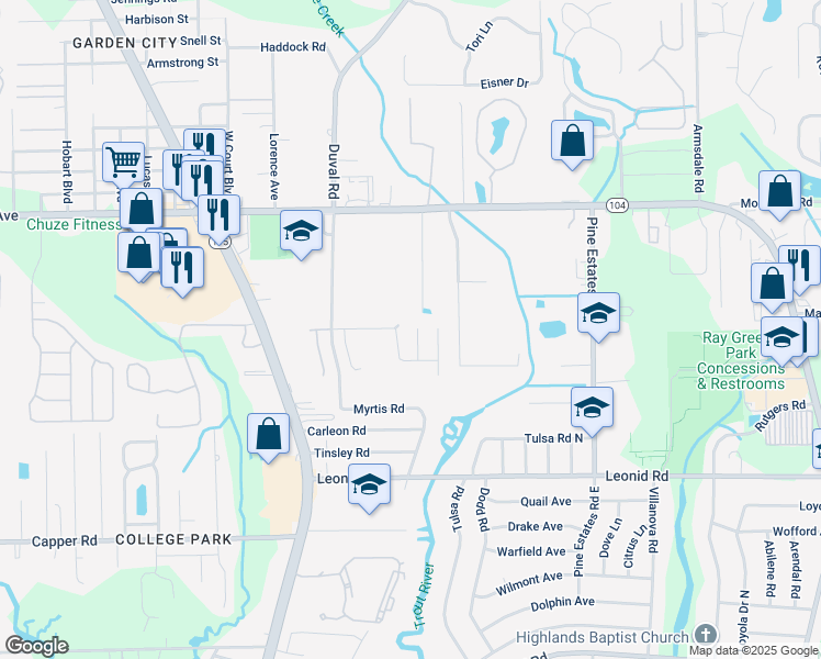 map of restaurants, bars, coffee shops, grocery stores, and more near 10974 Darlington Oak Court in Jacksonville
