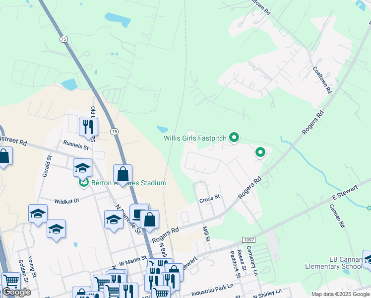 map of restaurants, bars, coffee shops, grocery stores, and more near 114 Little Bill Lane in Willis