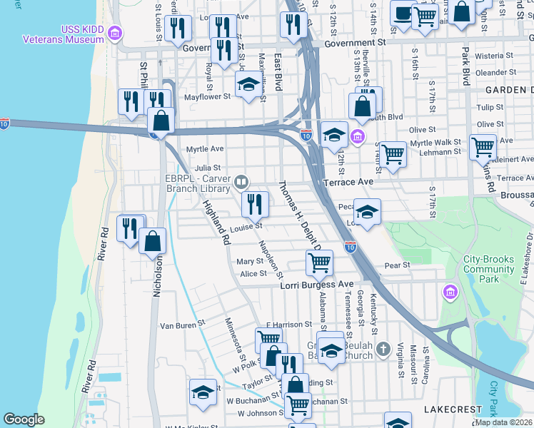 map of restaurants, bars, coffee shops, grocery stores, and more near 704 River Southway in Baton Rouge