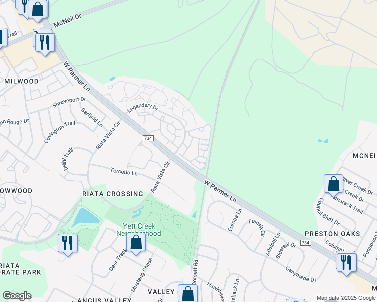 map of restaurants, bars, coffee shops, grocery stores, and more near 13021 Legendary Drive in Austin