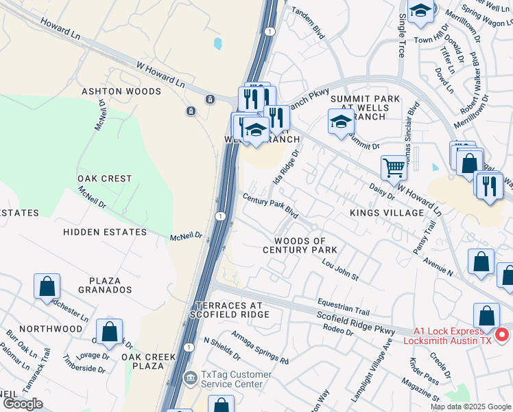 map of restaurants, bars, coffee shops, grocery stores, and more near 19 Century Park Boulevard in Austin