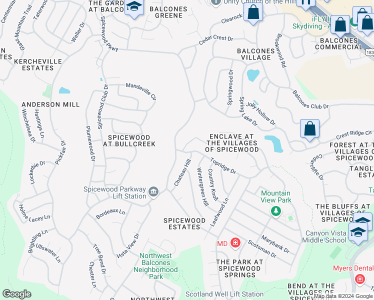 map of restaurants, bars, coffee shops, grocery stores, and more near 9518 Topridge Drive in Austin