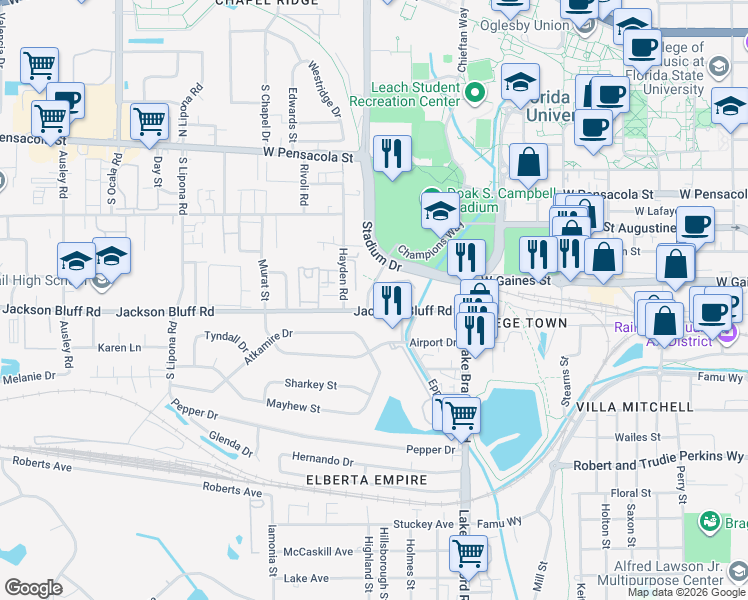map of restaurants, bars, coffee shops, grocery stores, and more near 1360 Warrior Way in Tallahassee