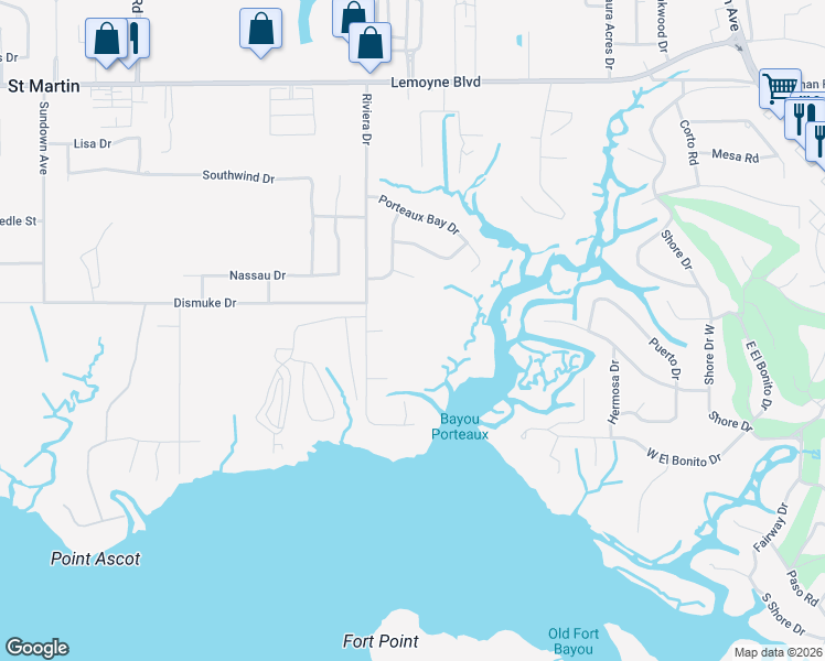 map of restaurants, bars, coffee shops, grocery stores, and more near 6600 Riviera Drive in Biloxi