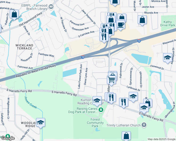 map of restaurants, bars, coffee shops, grocery stores, and more near 2722 Woodbrook Drive in Baton Rouge