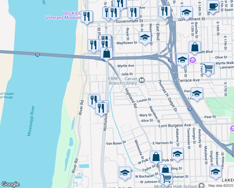 map of restaurants, bars, coffee shops, grocery stores, and more near 255 Oklahoma Street in Baton Rouge