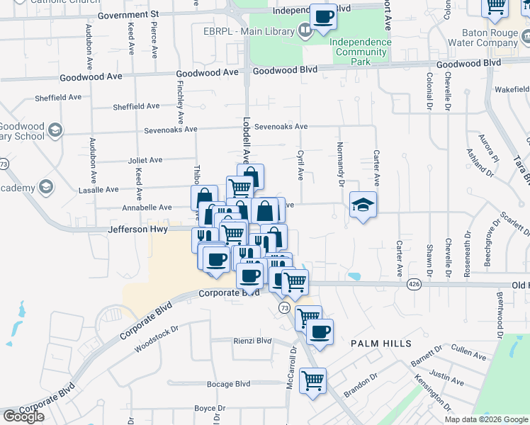map of restaurants, bars, coffee shops, grocery stores, and more near 7550 Lasalle Avenue in Baton Rouge