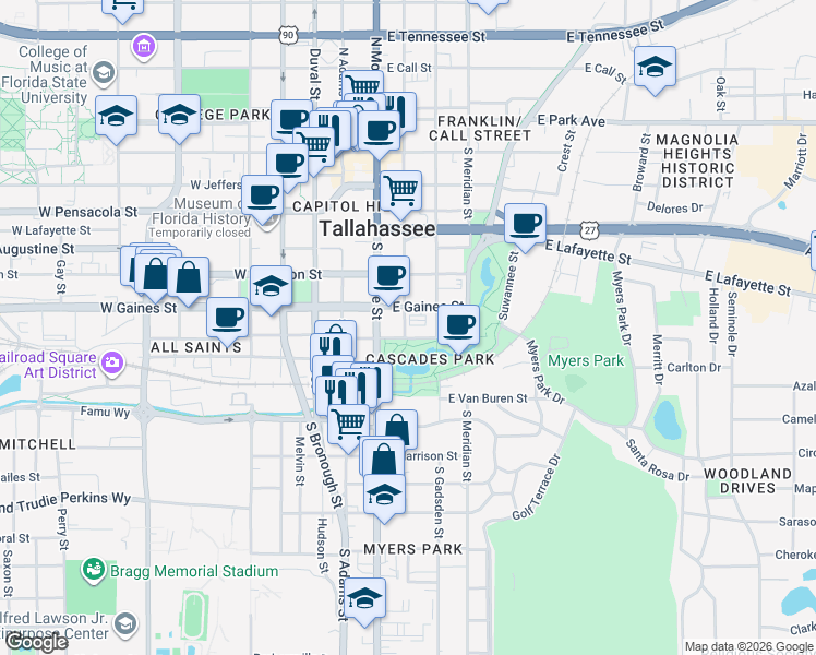 map of restaurants, bars, coffee shops, grocery stores, and more near 850 South Gadsden Street in Tallahassee