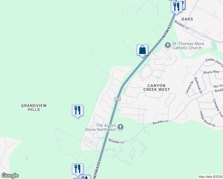 map of restaurants, bars, coffee shops, grocery stores, and more near Singer Court in Travis County
