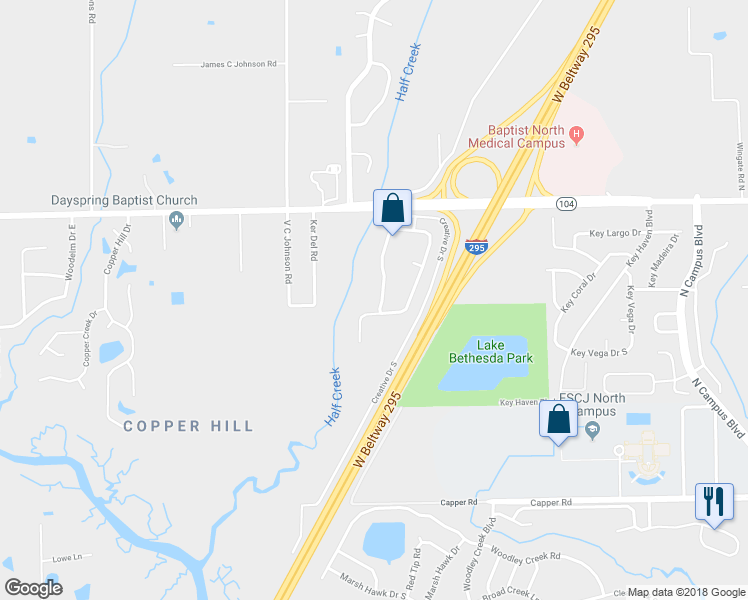 map of restaurants, bars, coffee shops, grocery stores, and more near 11017 Apple Blossom Trail East in Jacksonville