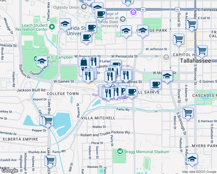 map of restaurants, bars, coffee shops, grocery stores, and more near 707 West Gaines Street in Tallahassee