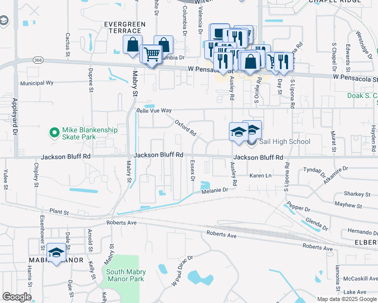 map of restaurants, bars, coffee shops, grocery stores, and more near 415 Essex Drive in Tallahassee