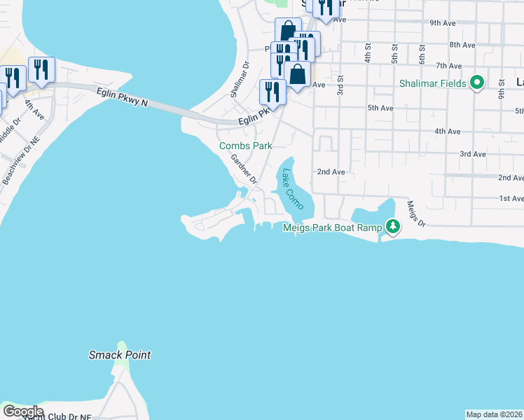 map of restaurants, bars, coffee shops, grocery stores, and more near 109 Port Drive in Shalimar
